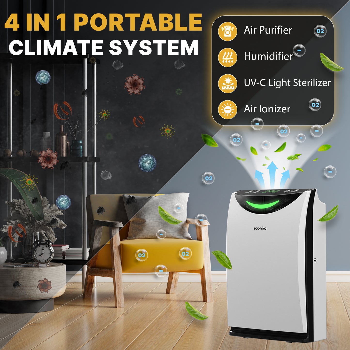 Premium Econika Climate System 4-in-1: air-purifier, humidifier, ionizer and UV-lamp